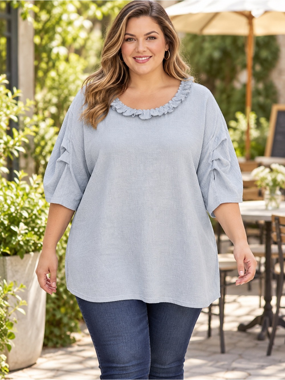 Hayden Light Blue Ruffle Scoop Neck Plus Size Blouse